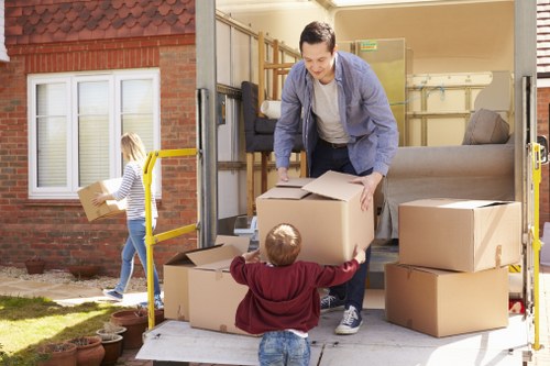Office relocation with labelled boxes and equipment in Denmark
