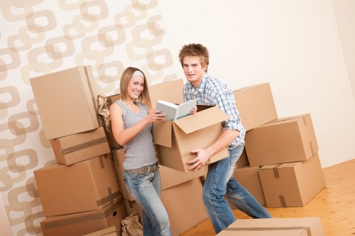 Organised household boxes prepared for relocation in Denmark